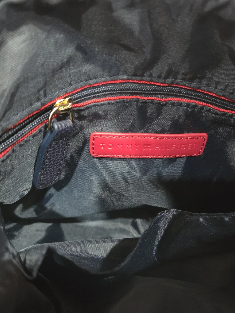 Tommy Hilfiger Navy Crossbody Bag with Red-White-Blue Stripe and Gold Hardware
